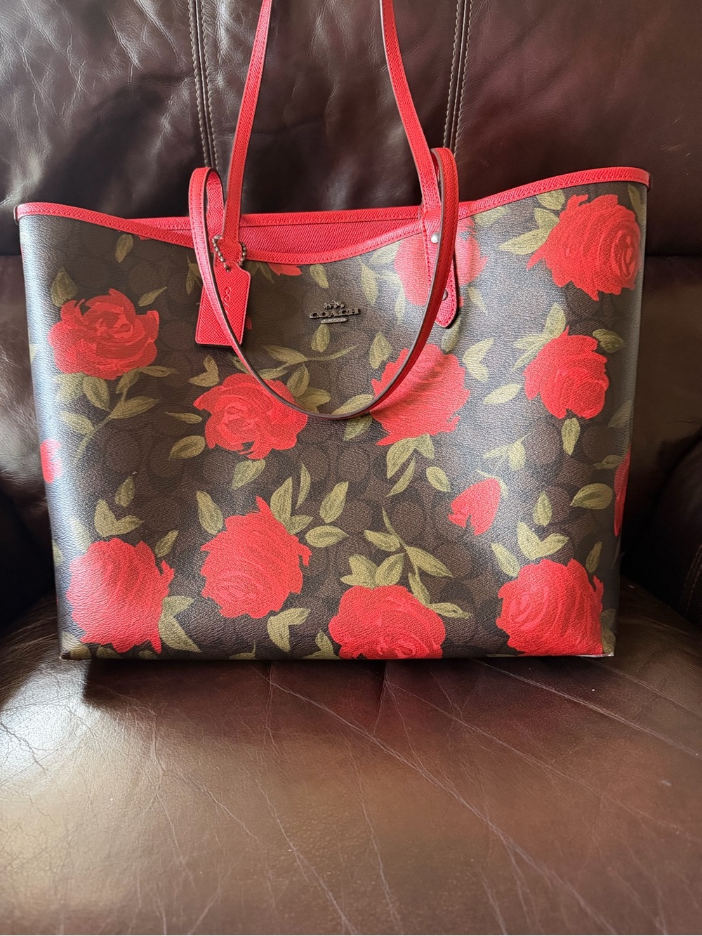 Coach Brown Tote with Red Rose Print
